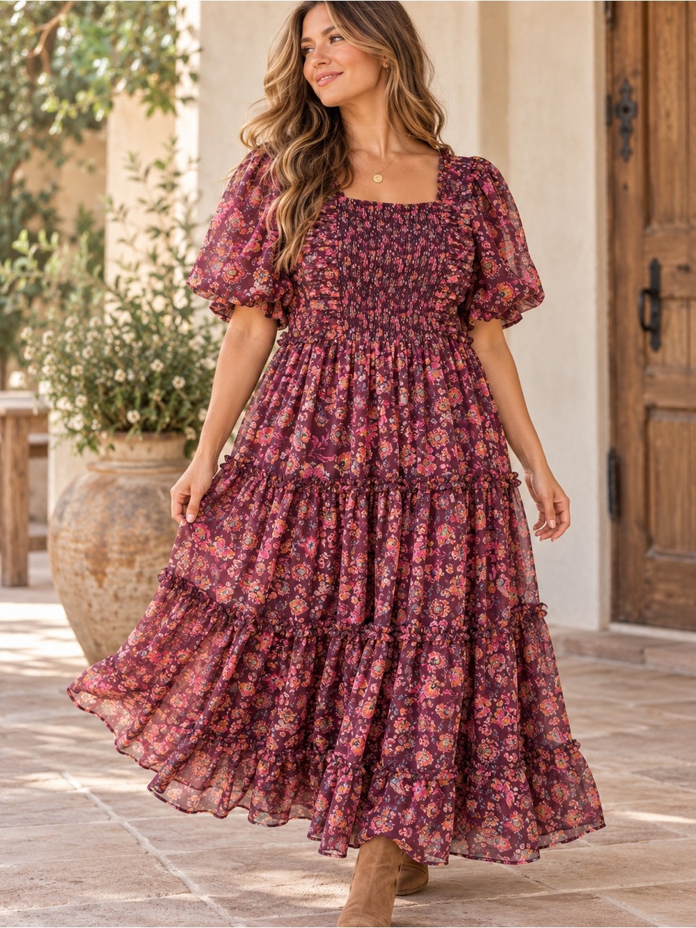 Ivy City 2X Floral Tiered Maxi Dress Maroon Sheer Ruffle Boho Romantic